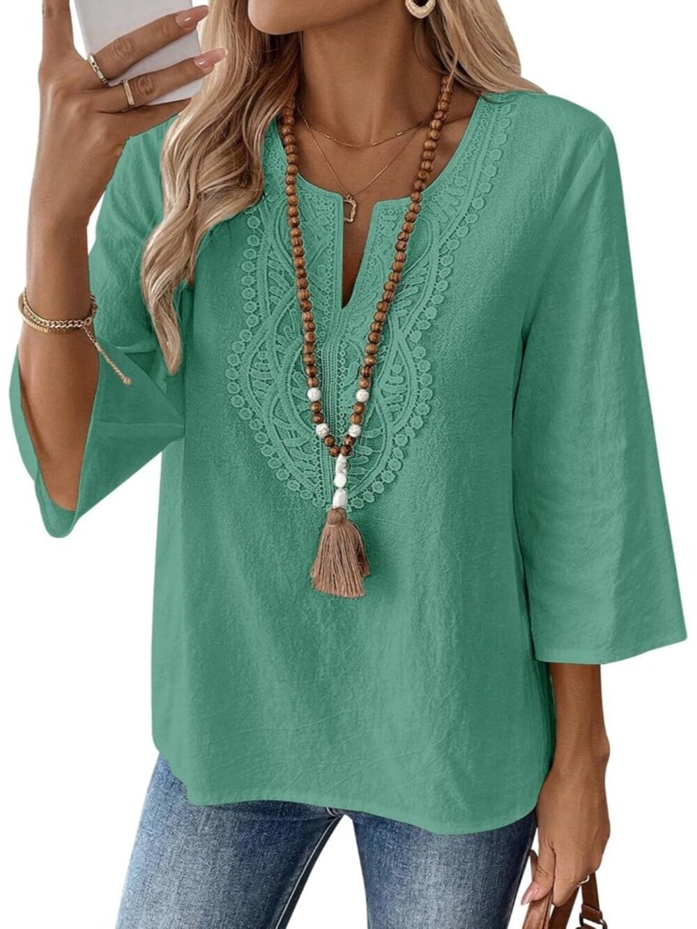 Women's Green V Neck Pull On Loose Fit Blouses Sleeve Top Cotton Linen Shirt
